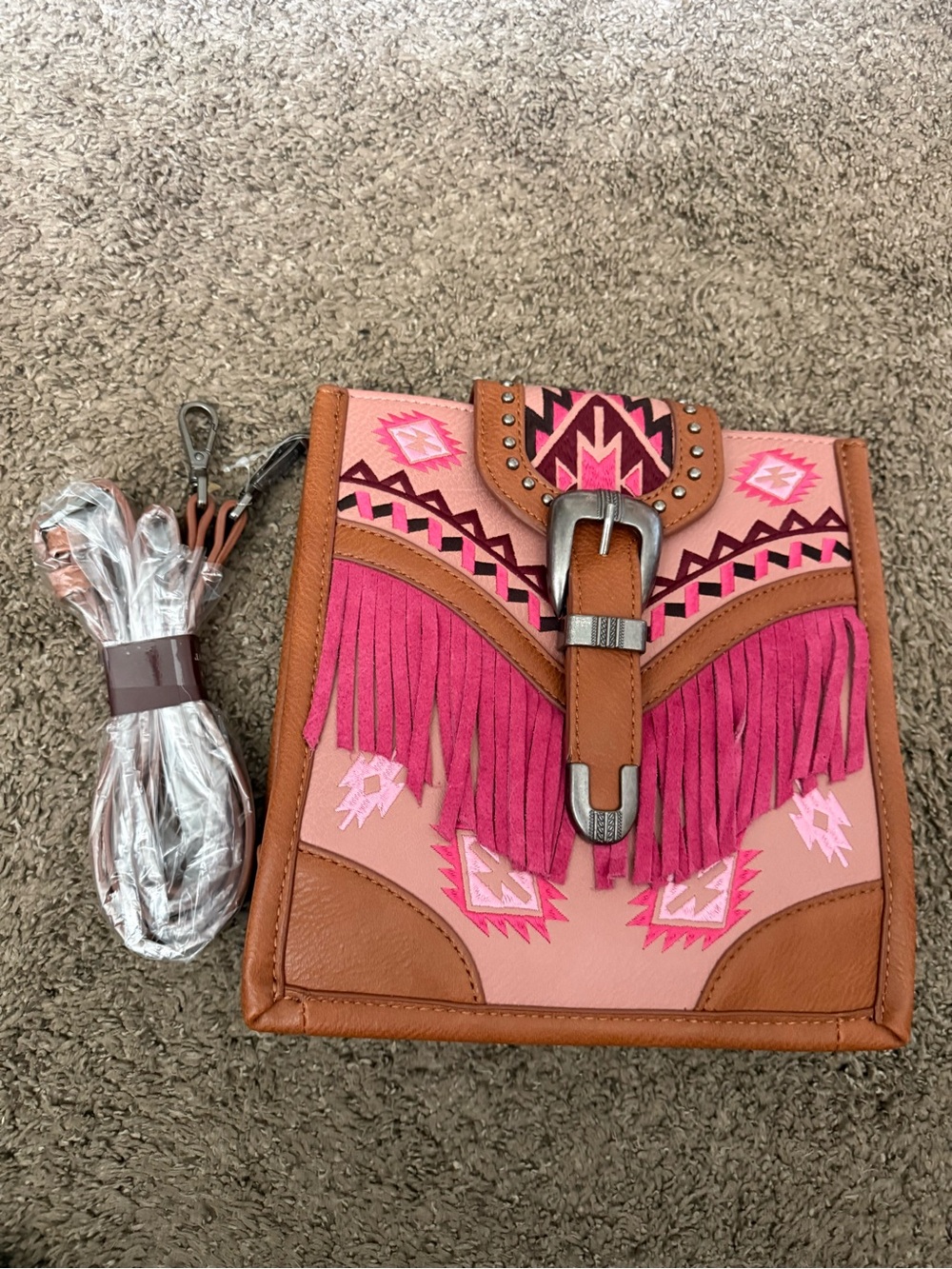 Montana West Pink and Brown Fringe Crossbody with Aztec Embroidery